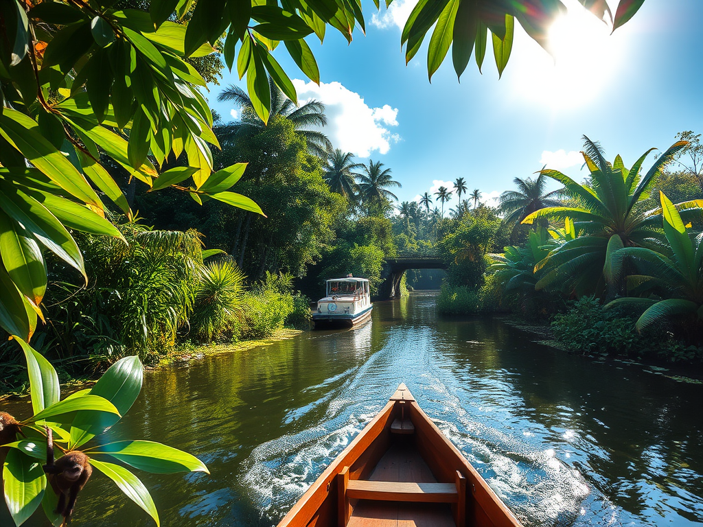 A view from the front of a boat navigating through the Tortuguero Canal, surrounded by lush tropical vegetation and a bridge in the distance, under bright sunlight.


