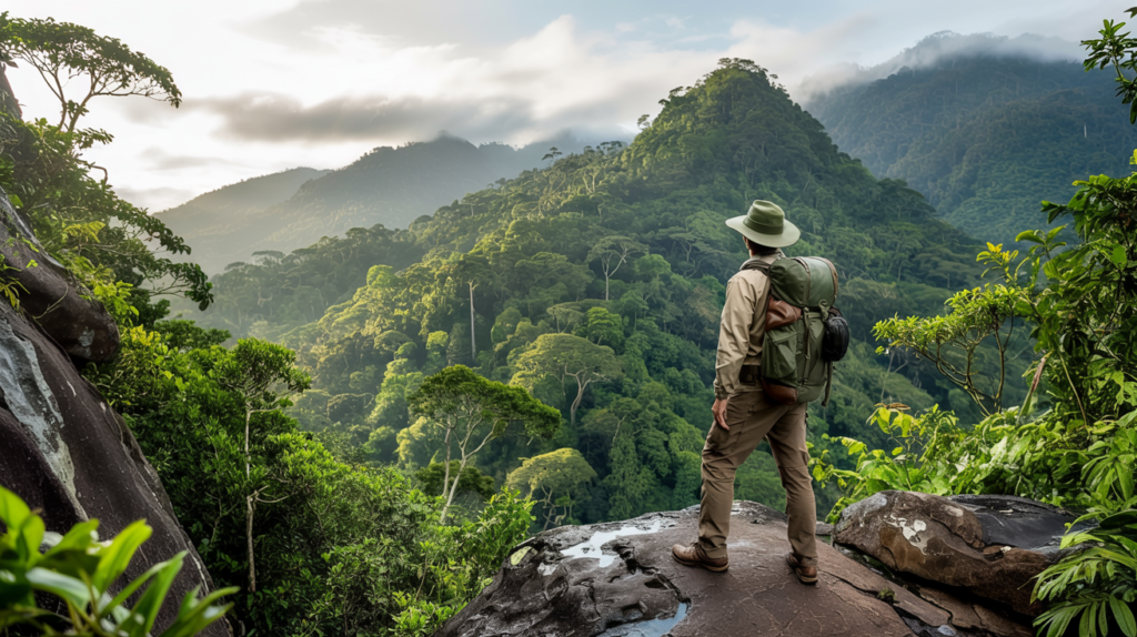 A hiker with a backpack stands on a rocky outcrop, gazing at a sprawling green mountain view under a cloudy sky.

