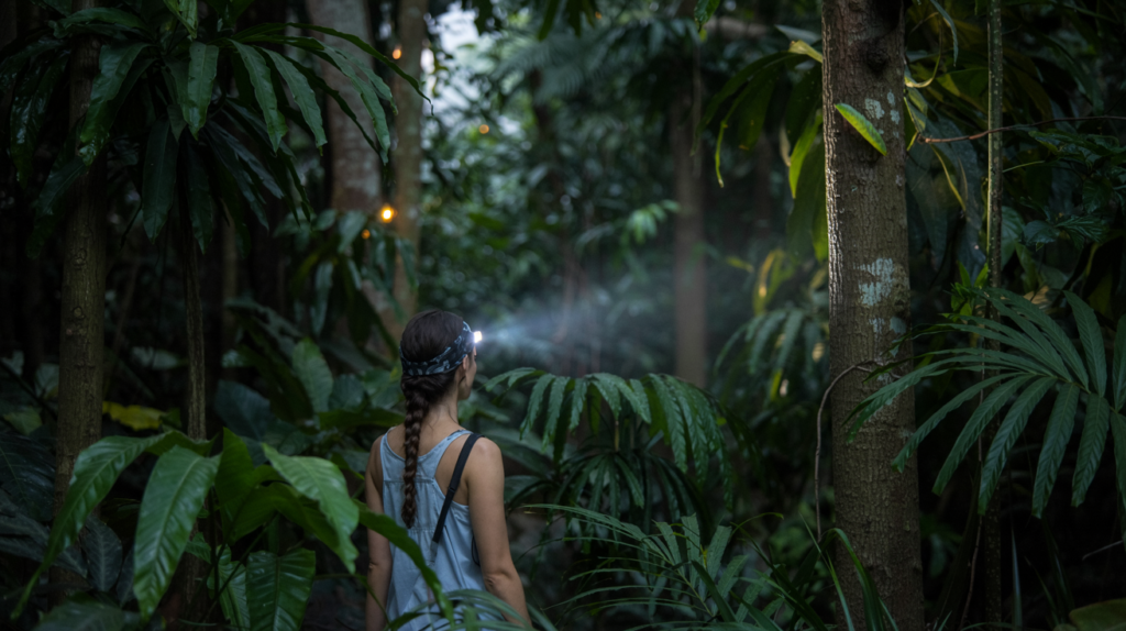 A person wearing a headlamp stands in a dense jungle, surrounded by tall green plants and illuminated by soft light.

