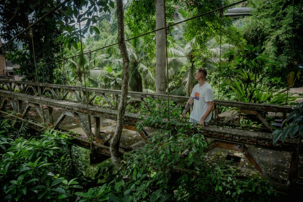  A person stands on a weathered footbridge surrounded by dense jungle foliage, with lush green plants and trees all around.

