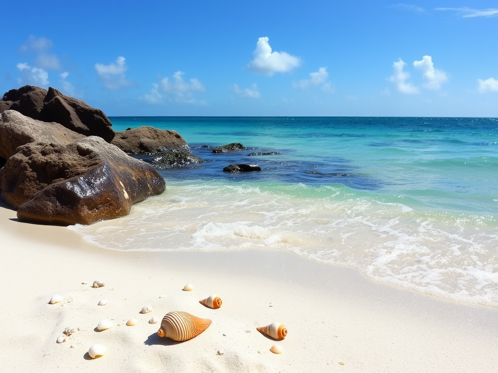 Beach with white sand, turquoise water, and seashells.

