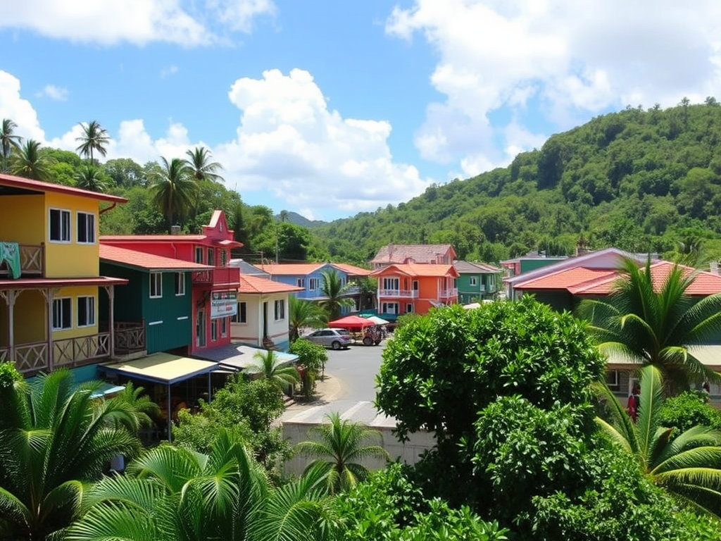  Colorful Caribbean village.