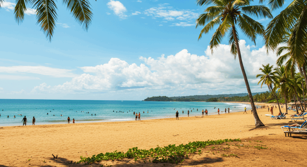 Costa Rica beaches bustling with people under clear blue skies and palm trees.