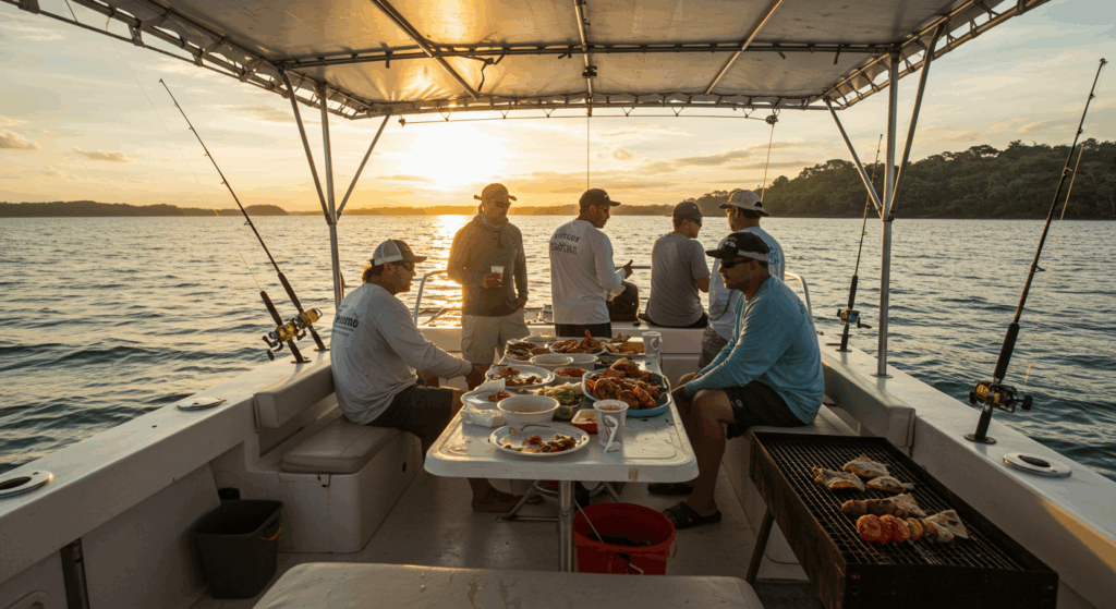 Group enjoying Costa Rica fishing on an open-air catamaran with BBQ setup onboard.