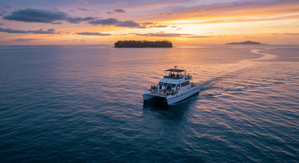 Isla Tortuga at sunset, with a yacht cruising on calm waters.