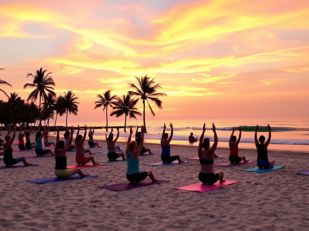 A group of people practicing yoga on the beach at sunset, with vibrant colors in the sky.

