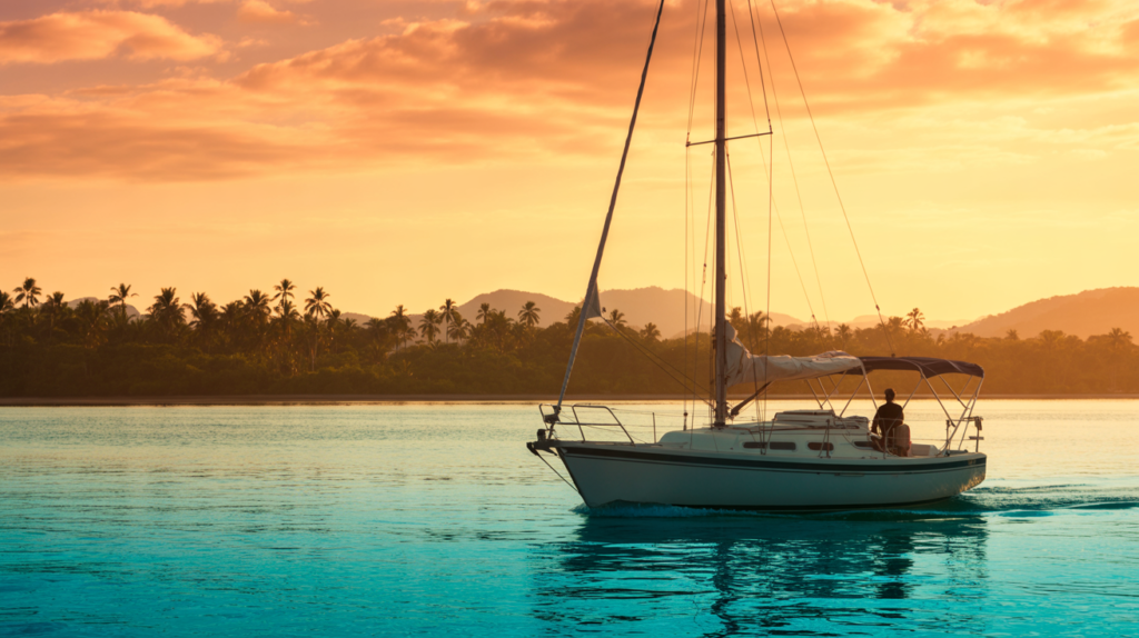 Sailboat on calm turquoise water at sunset with palm trees and mountains in the background.
