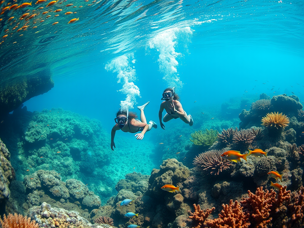 Two snorkelers exploring a vibrant coral reef teeming with colorful fish and marine life in clear blue water.


