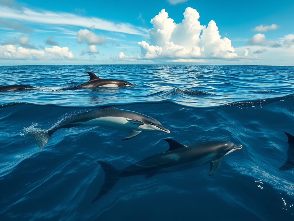 A group of dolphins swimming gracefully in a clear blue ocean under a bright sky with fluffy clouds.

