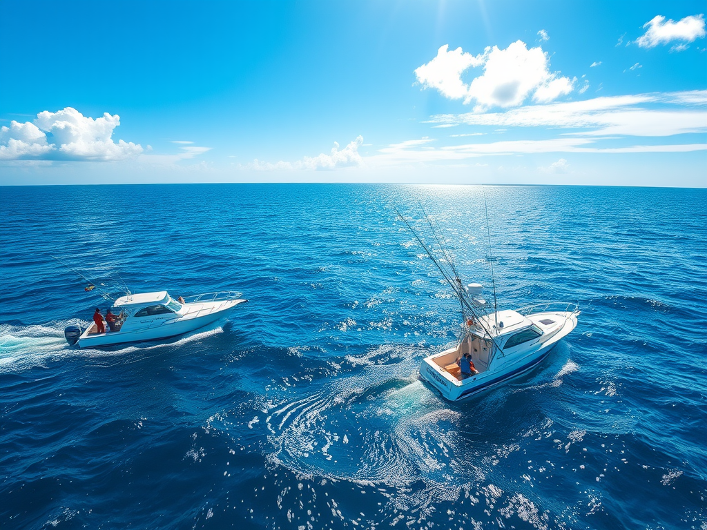 Two sportfishing boats cruising over a sparkling blue ocean under a bright sky with fluffy clouds.


