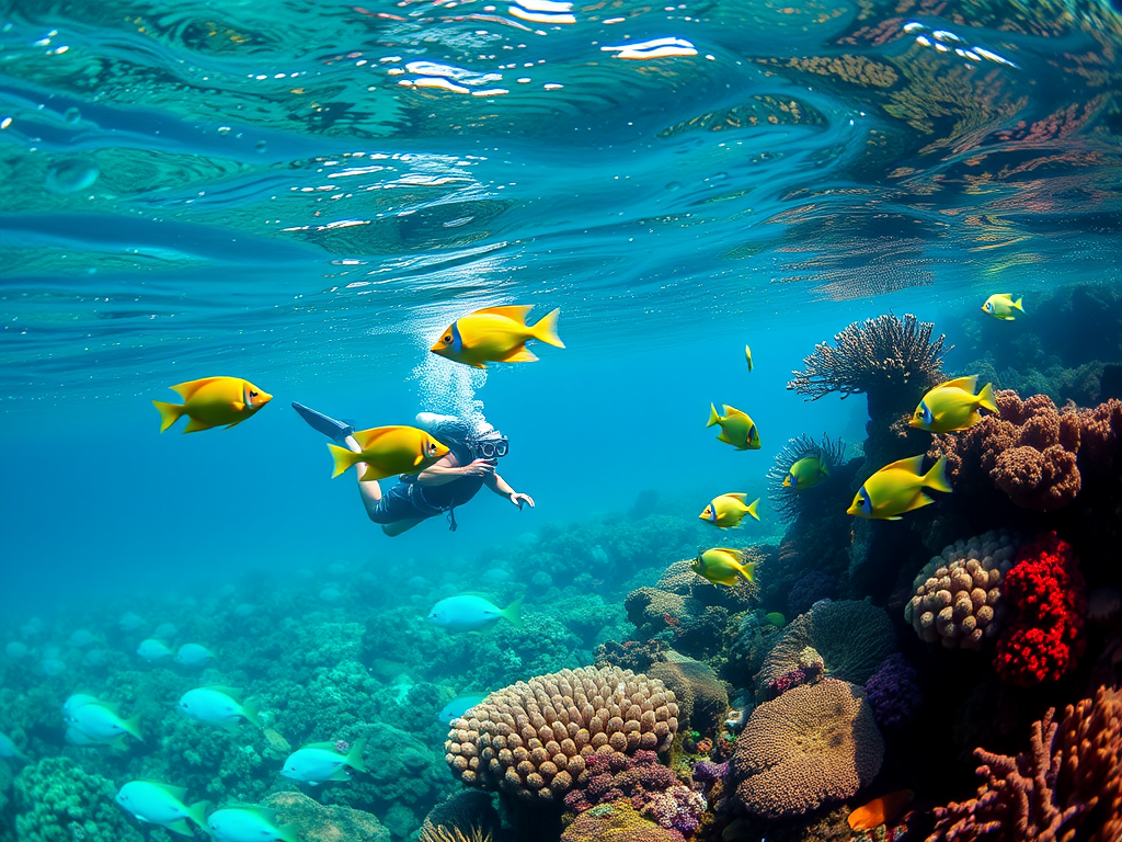 Snorkeler exploring a vibrant underwater scene with colorful fish and coral.