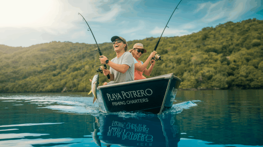 Two people fishing from a boat labeled 'Playa Potrero Fishing Charters' in calm waters