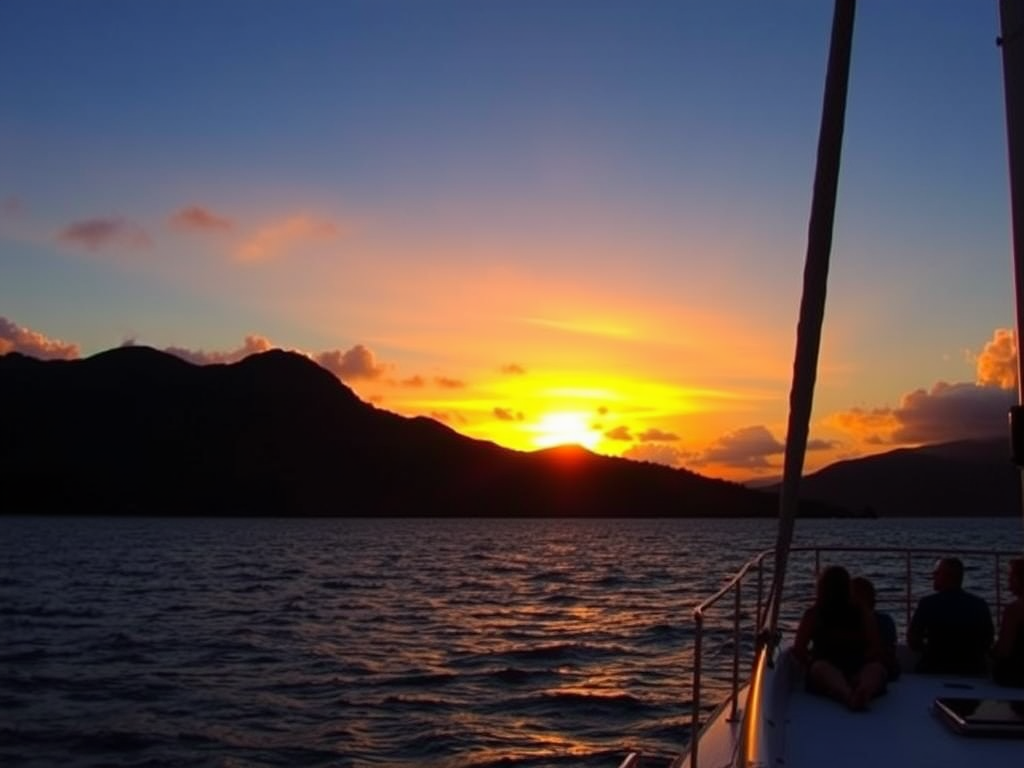 A catamaran sailing at sunset with vibrant orange and purple skies over silhouetted mountains and calm waters.

