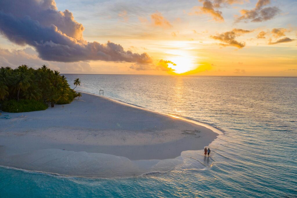  Aerial view of a couple walking on a beach at sunset.