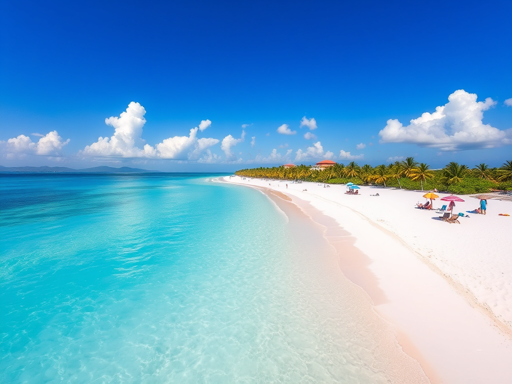 Idyllic view of a pristine white-sand beach with turquoise waters and a clear blue sky.

