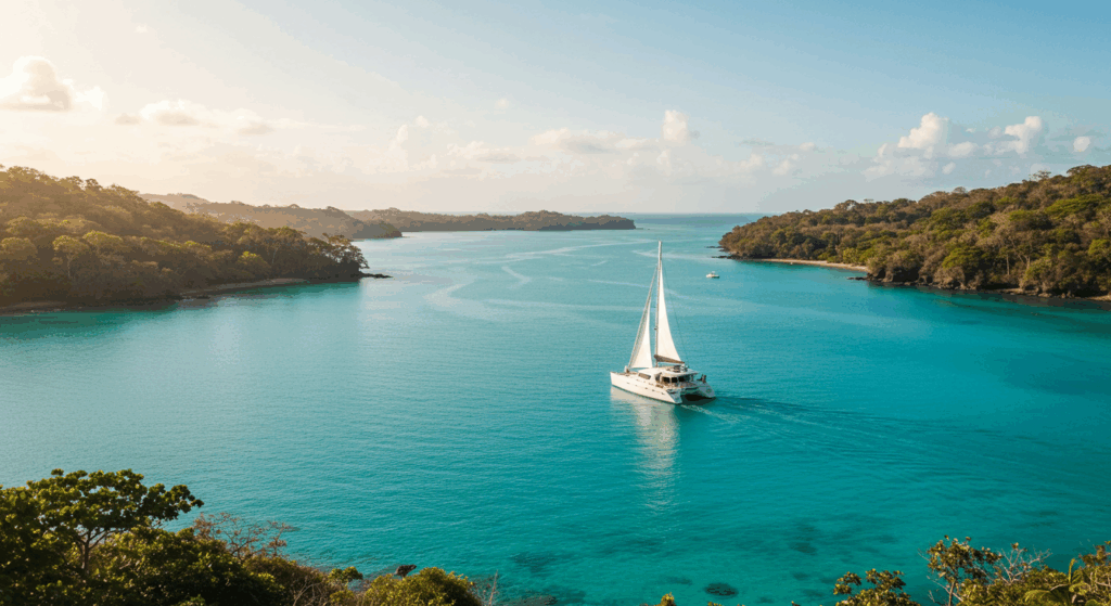 Tortuga Island Costa Rica with a sailboat navigating turquoise waters.