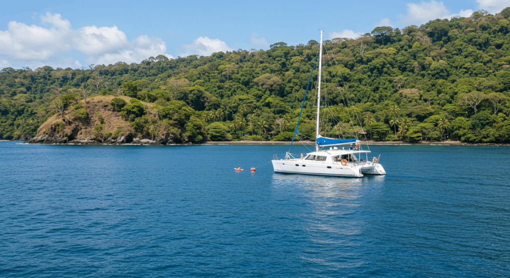 Best Places to Visit in Costa Rica, featuring a catamaran anchored near a lush green island.