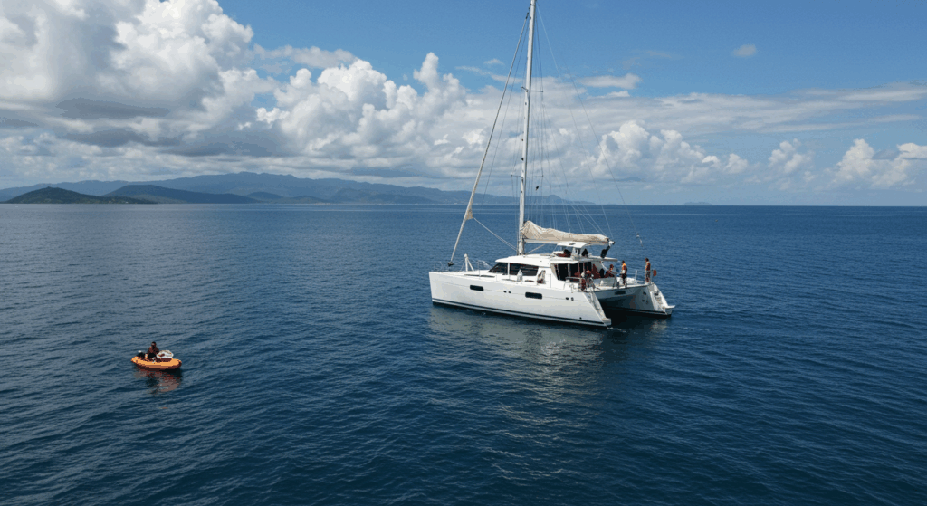 Catamaran in Costa Rica anchored on calm waters with a kayak nearby.