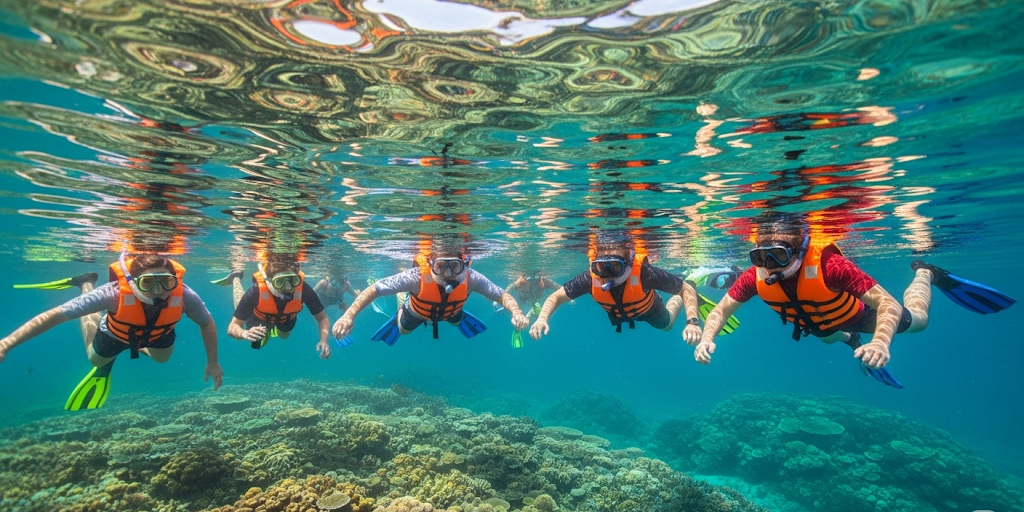 Snorkelers in bright orange vests exploring underwater coral at Tortuga Island.