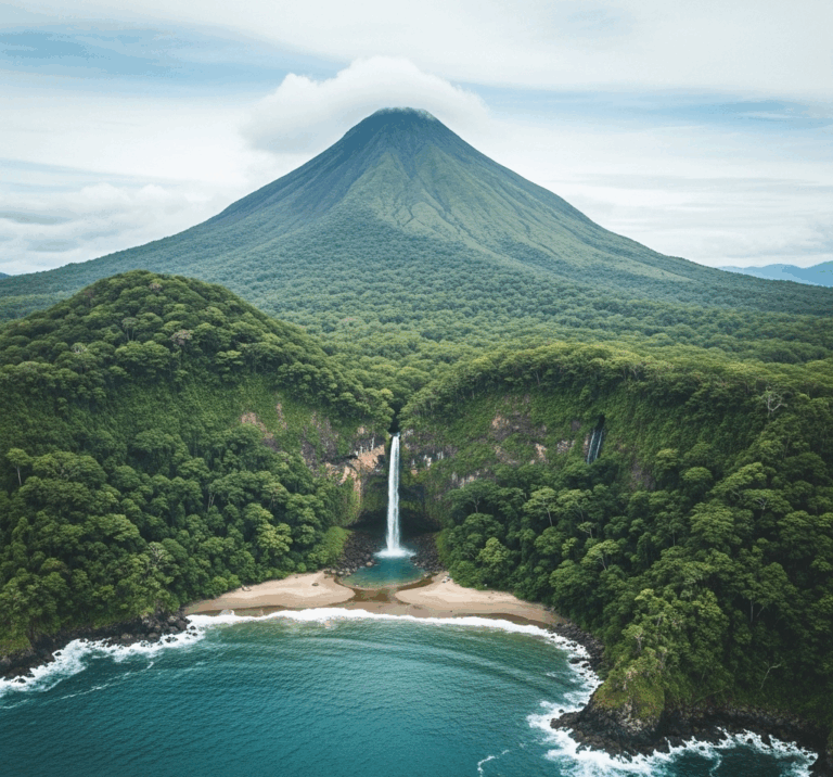 Scenic view of a waterfall and mountains, showcasing facts about Costa Rica's diverse landscapes.