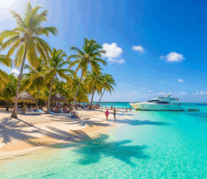 Beautiful Tortuga Island beach with palm trees, clear water, and a yacht anchored nearby
