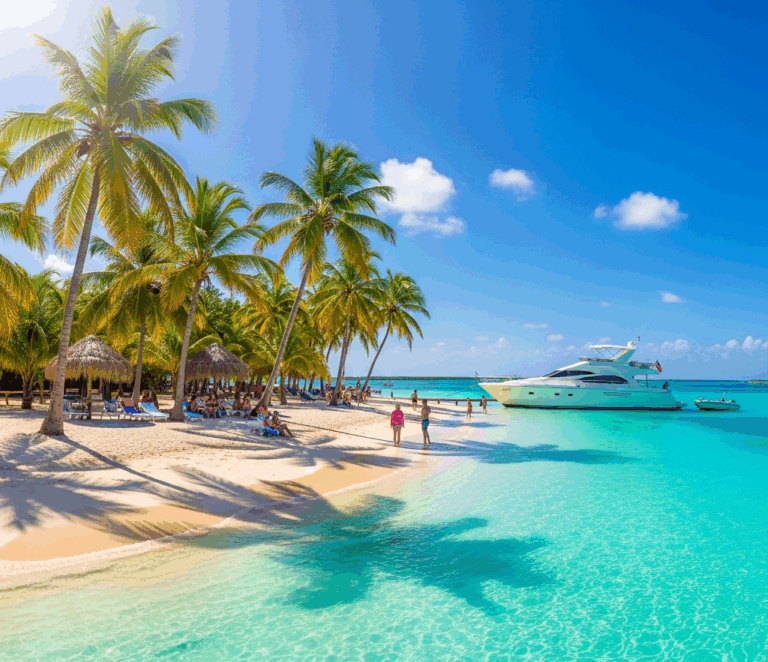 Beautiful Tortuga Island beach with palm trees, clear water, and a yacht anchored nearby
