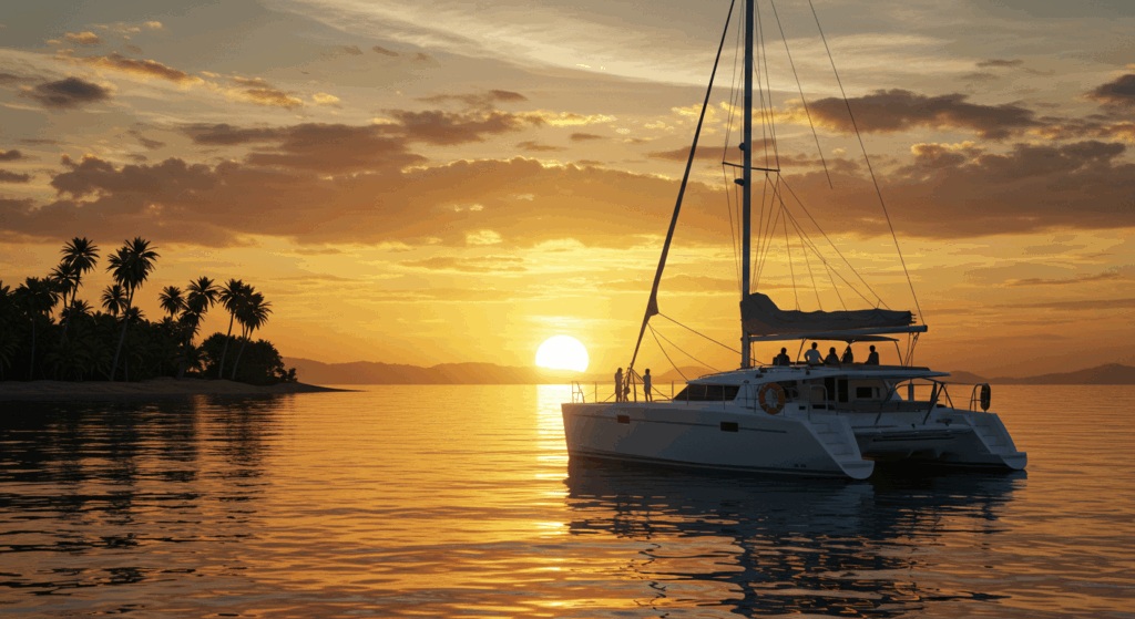 Sunset Costa Rica as a catamaran sails on calm waters with a vibrant sky.