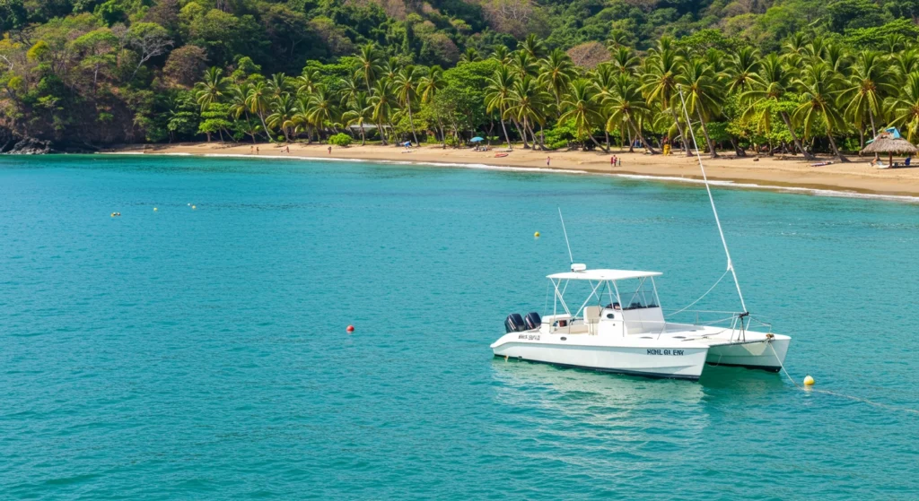 White catamaran near palm-lined beach showing is Costa Rica safe travel.