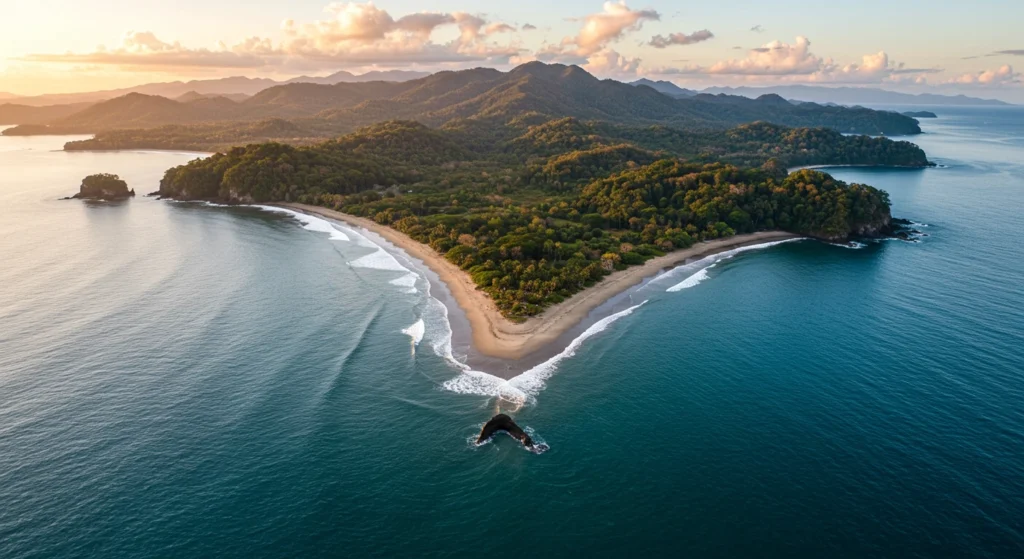 Playa Uvita Costa Rica beach with palm trees and ocean view.