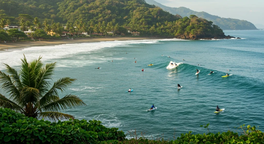 Surfers riding waves at Jaco Beach Costa Rica
