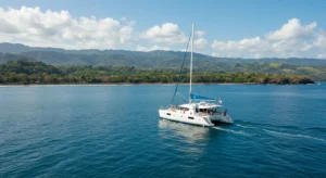 Scenic view of travelers enjoying a boat tour near you in Costa Rica surrounded by lush coastline and calm waters