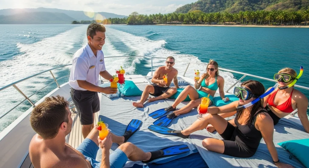 Onboard view of a professional crew serving drinks and guests using snorkeling gear.