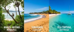 Scenic collage of Costa Rica’s top destinations: Manuel Antonio rainforest with wildlife, Tamarindo beach with surfers, and Isla Tortuga with white sand and clear turquoise waters.