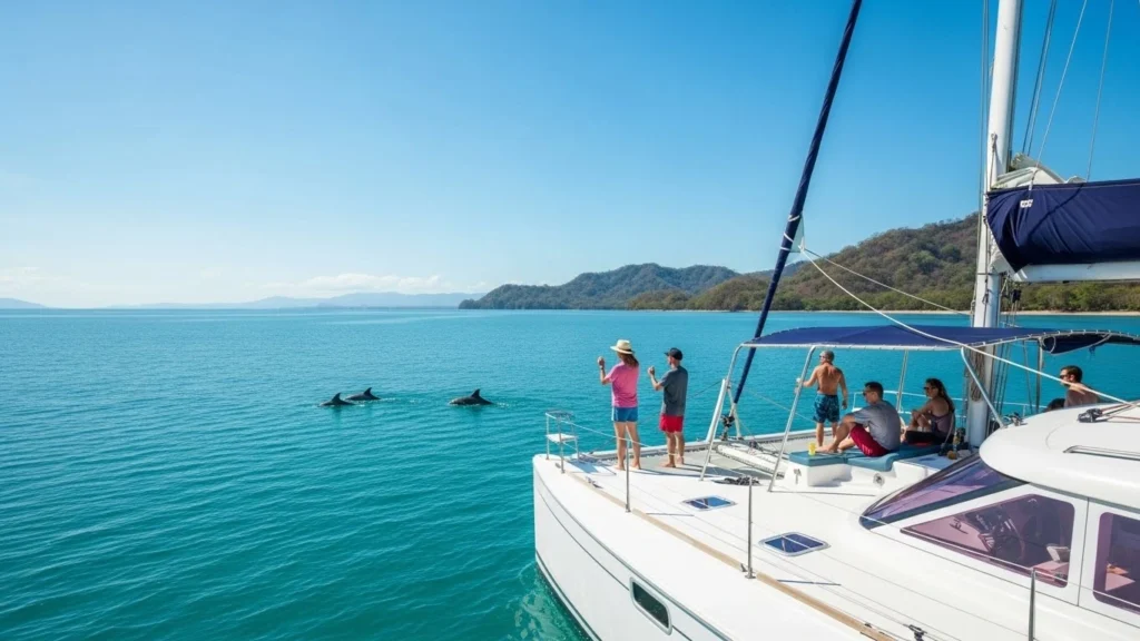 Passengers enjoying a catamaran tour in Costa Rica spotting dolphins and snorkeling in calm turquoise waters