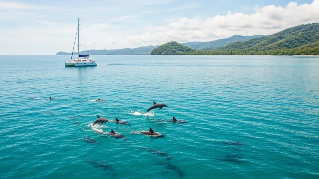 Pod of dolphins swimming in warm coastal waters of Costa Rica.
