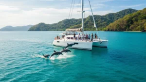 Dolphins swimming beside a catamaran in Costa Rica