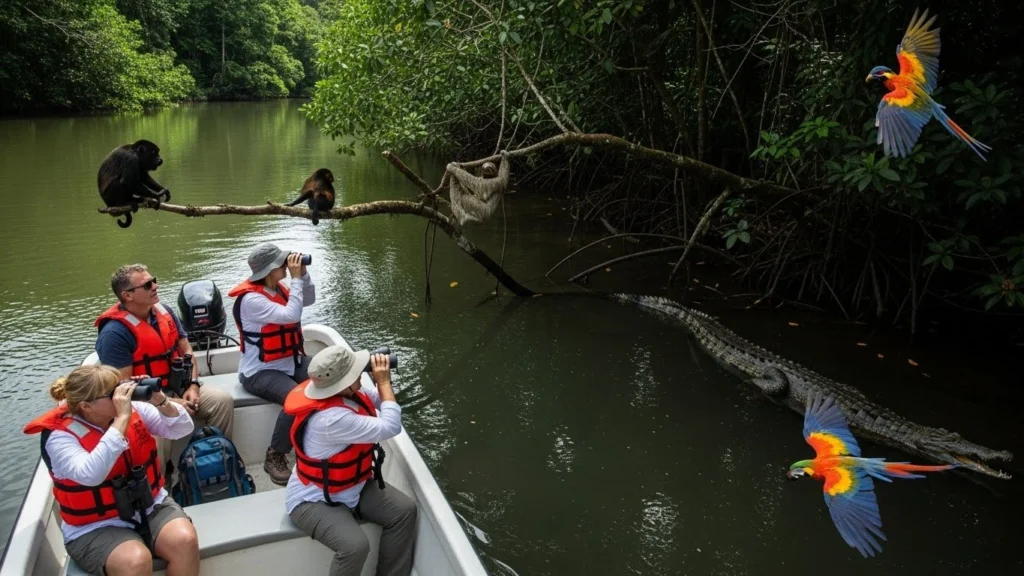 Tourists on a catamaran observing howler monkeys, sloths, and a crocodile along a Costa Rica river surrounded by lush rainforest.