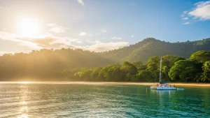 Sunlit Costa Rica beach in August with lush green forests, calm turquoise waters, and a catamaran, showcasing Costa Rica weather in August
