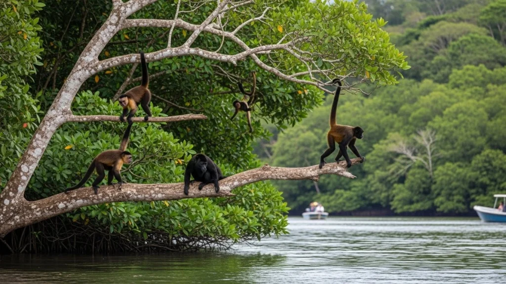 Tree-dwelling monkeys seen near mangroves during a Costa Rica wildlife boat tour.