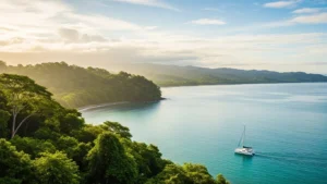October weather in Costa Rica showing rainforest hills and turquoise water