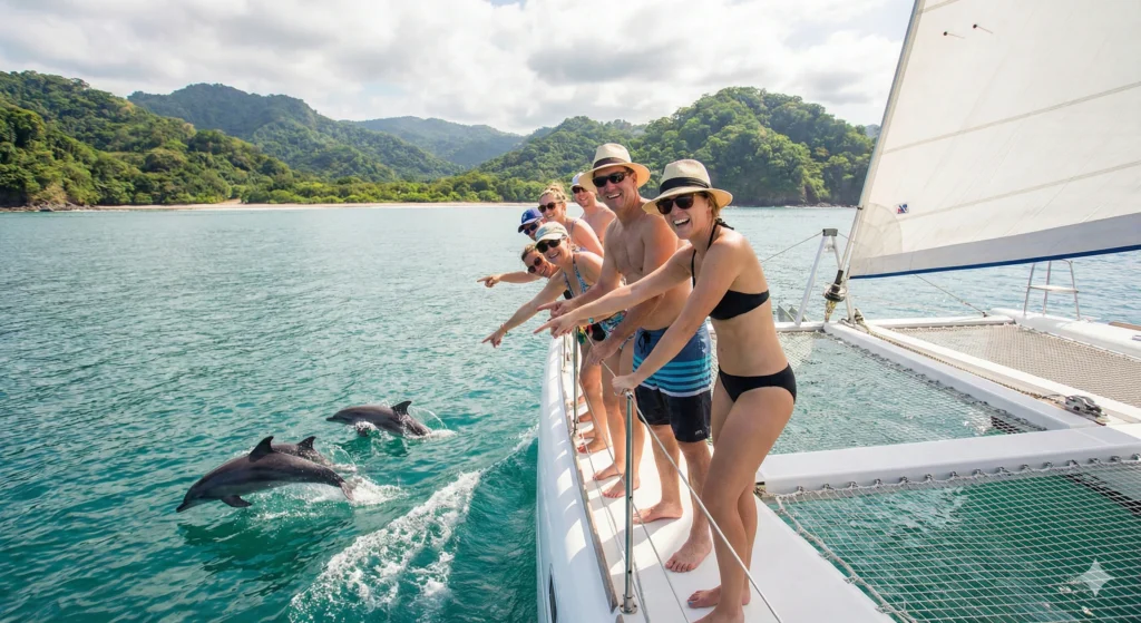 A pod of playful dolphins jumping alongside a catamaran tour boat in the clear blue waters of the Costa Rican coastline.