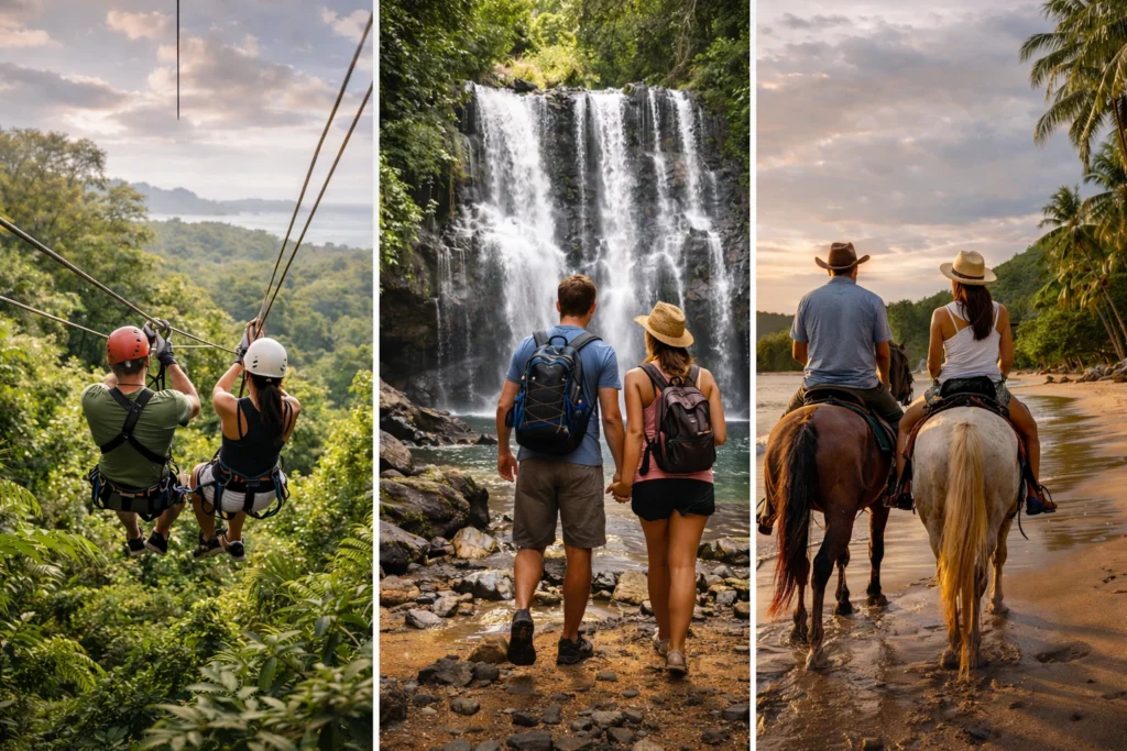 Couples enjoying horseback riding, ziplining, and scenic coastal walks in Playa Flamingo, Costa Rica, for romantic day trips and adventures