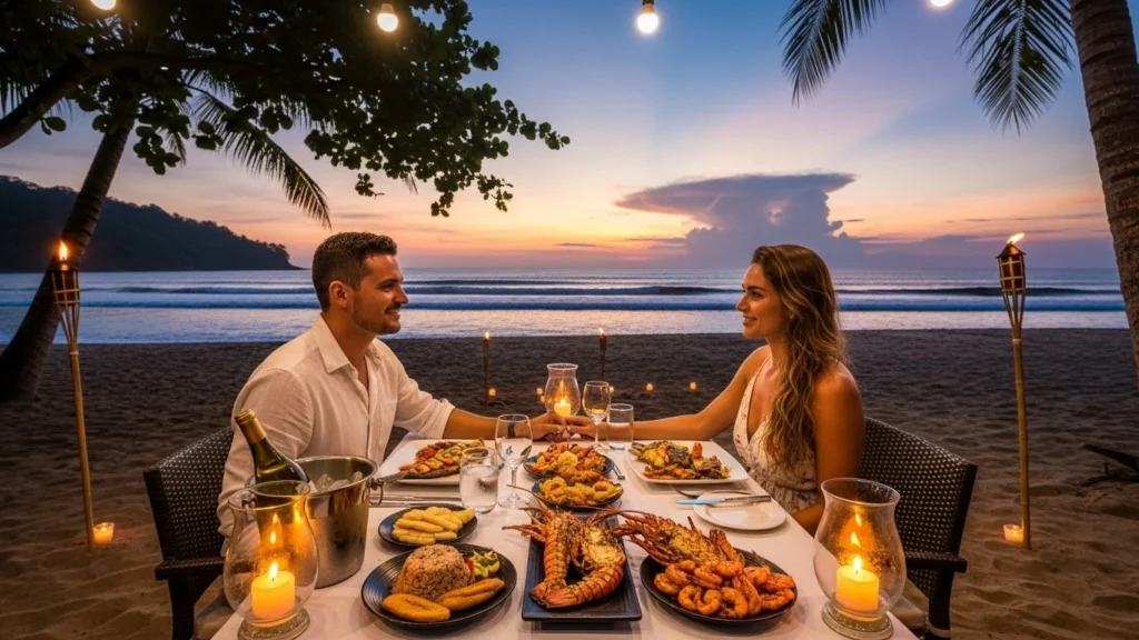 Couple enjoying a romantic beachfront dinner at Playa Flamingo Costa Rica during sunset with ocean waves in the background.