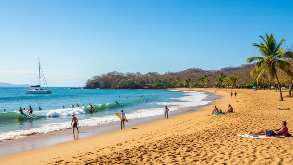 Sunny beach scene in Tamarindo Guanacaste Costa Rica with surfers, clear ocean water, and a catamaran along the coast