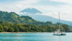 A catamaran sailing along Costa Rica’s Pacific coast with passengers relaxing on deck and green coastal hills in the background.