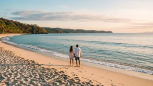 Couple walking hand in hand along Playa Flamingo Beach Costa Rica during a peaceful sunset