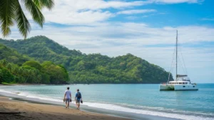 Green season in Costa Rica with calm beach, lush coastline, and morning catamaran views