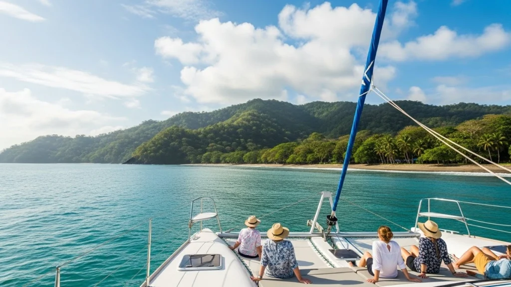 Catamaran boat trip during the green season in Costa Rica with calm seas and lush coastline.
