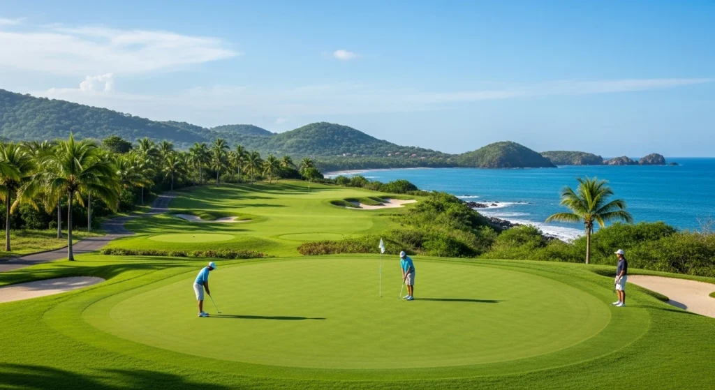 Golfer putting on a lush green fairway at the Arnold Palmer Signature Golf Course in the Gulf of Papagayo, with ocean views, palm trees, and tropical scenery in the background.
