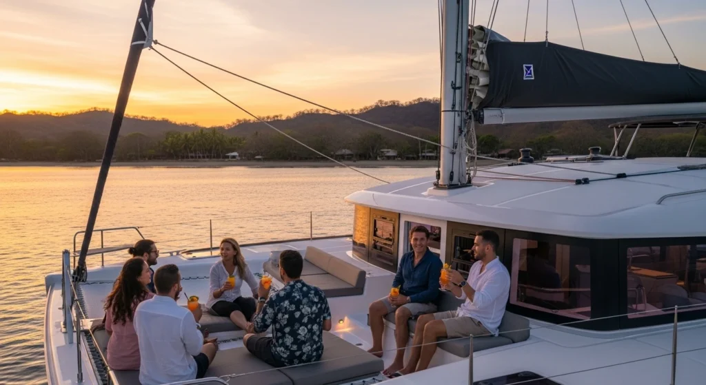 Sunset catamaran sailing off Tamarindo coast with guests enjoying drinks on deck, warm golden light, and palm-lined shoreline in the background.